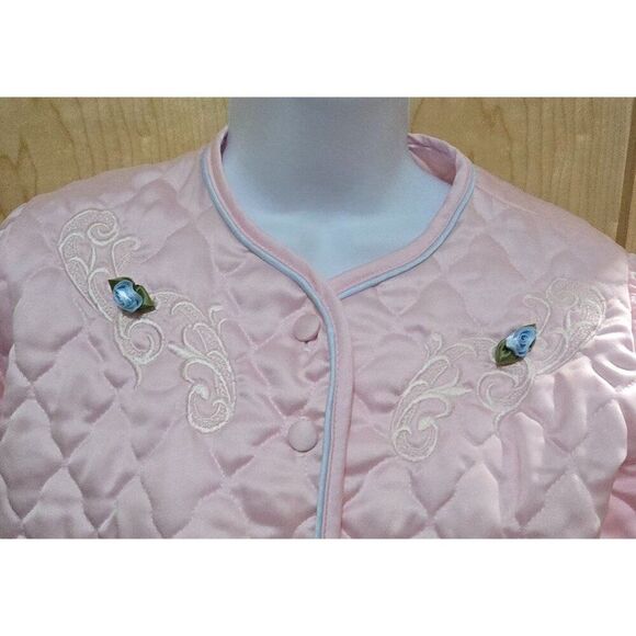 Vintage Appel Quilted Pink Satin Robe Jacket With Floral Embroidery & Buttons - Picture 3 of 9